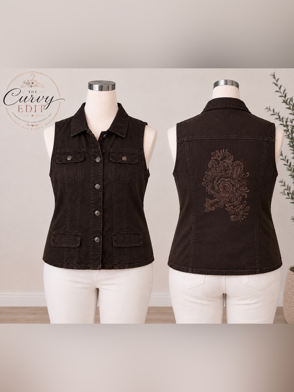 Chico’s Platinum Brown Embellished Vest Size 2 Stretch Cotton  Button Front